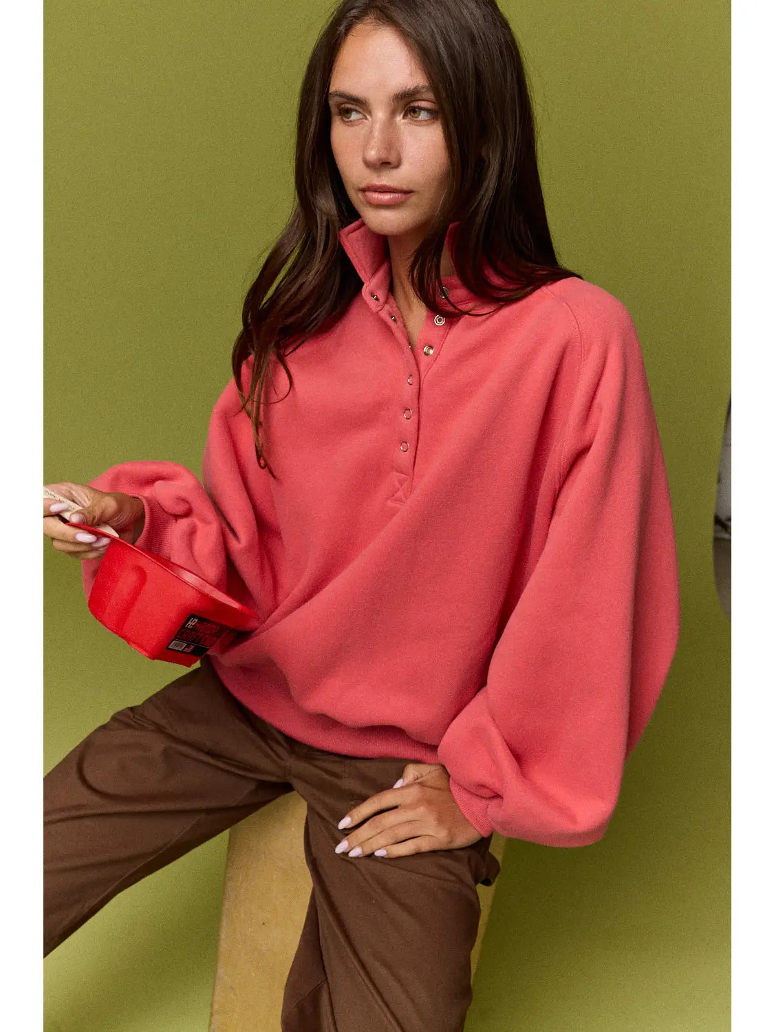 Button Snap Sweatshirt: Coral