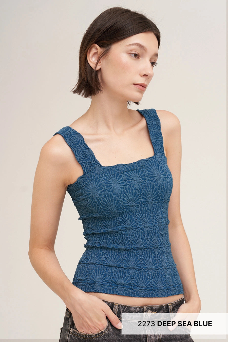 Lace Textured Tank: Deep Sea Blue